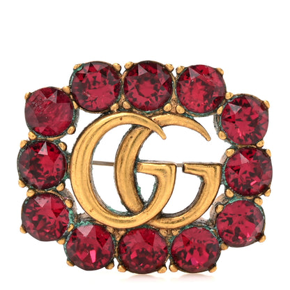 Gucci Metal Crystal Double G Brooch Aged Gold Red 1 of 5