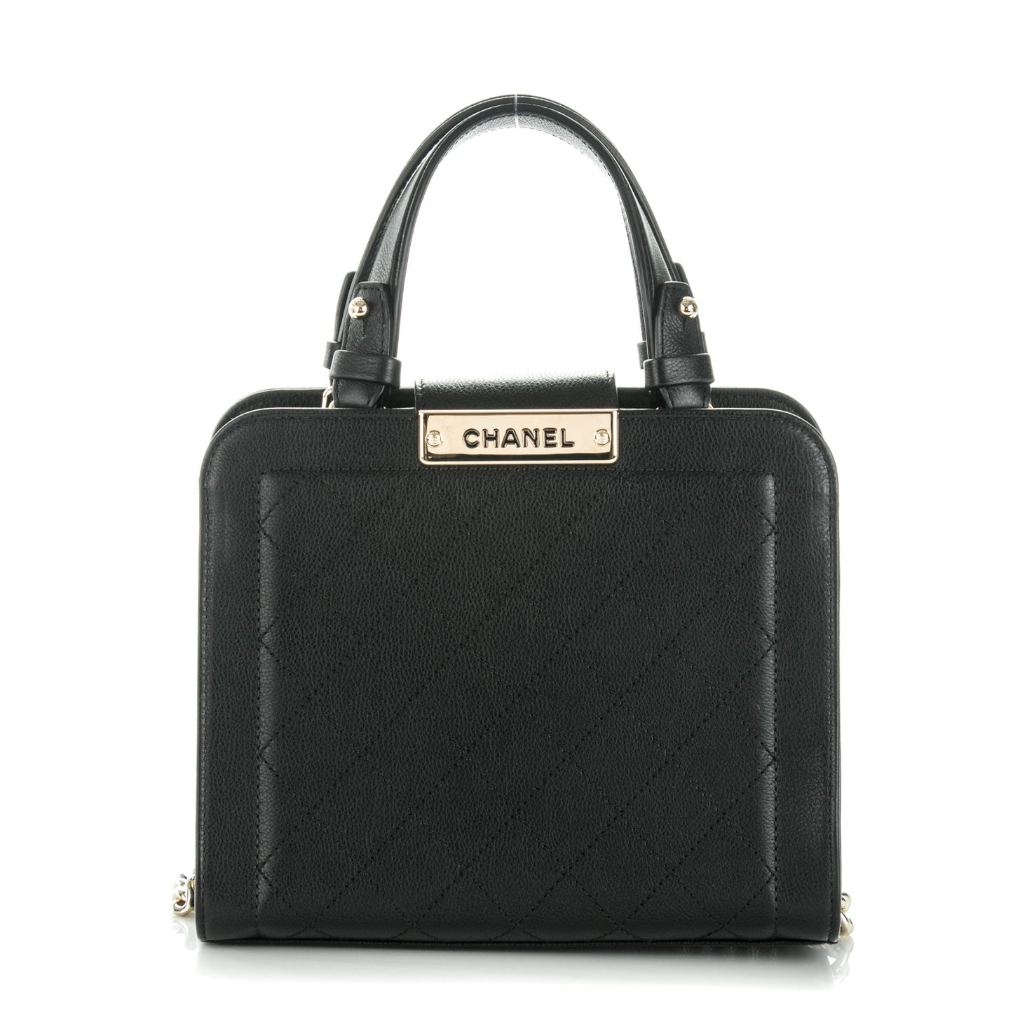 Grained Calfskin Stitched Small Label Click Shopper Tote Black