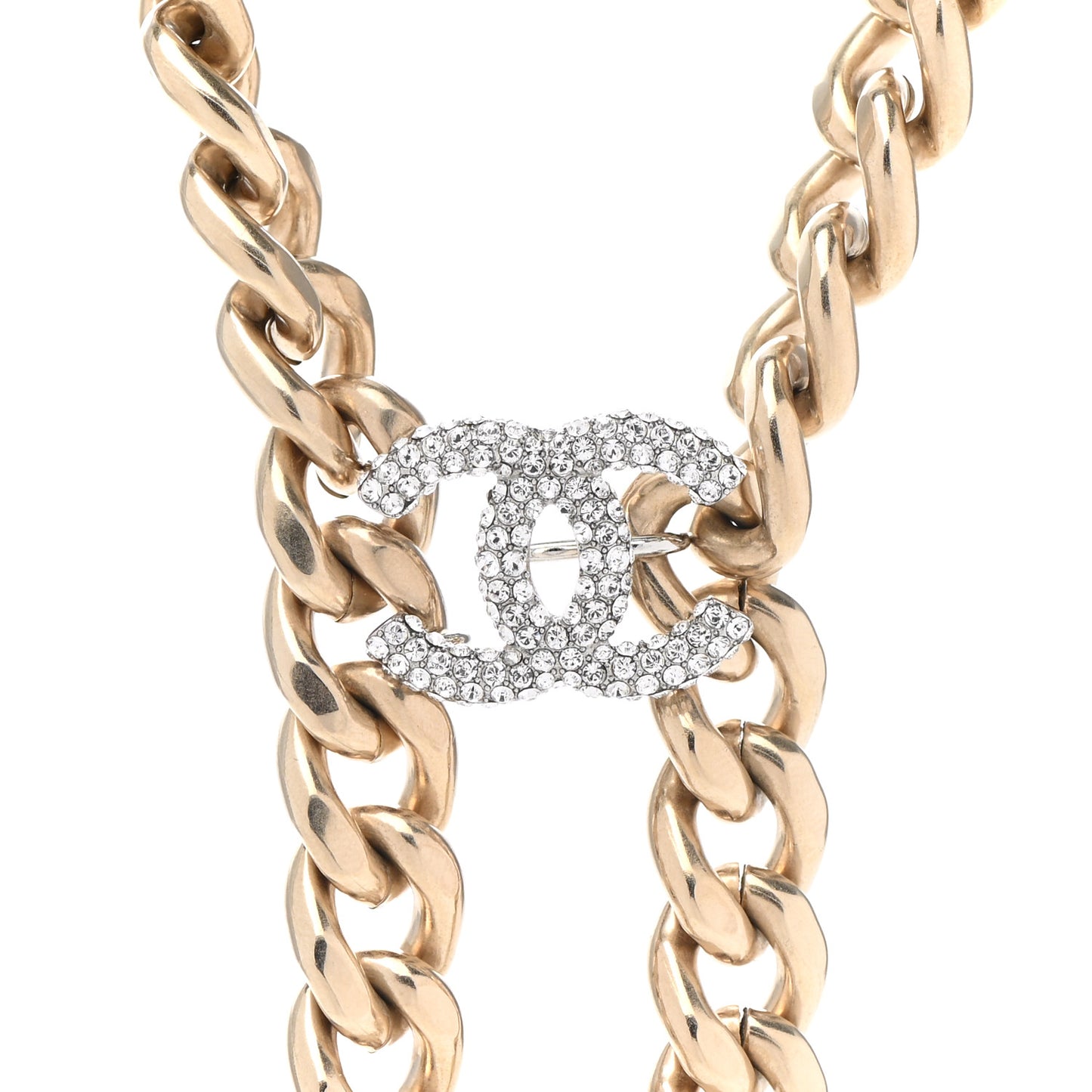 Chain Link Crystal CC Dog Tag Charm Necklace Gold