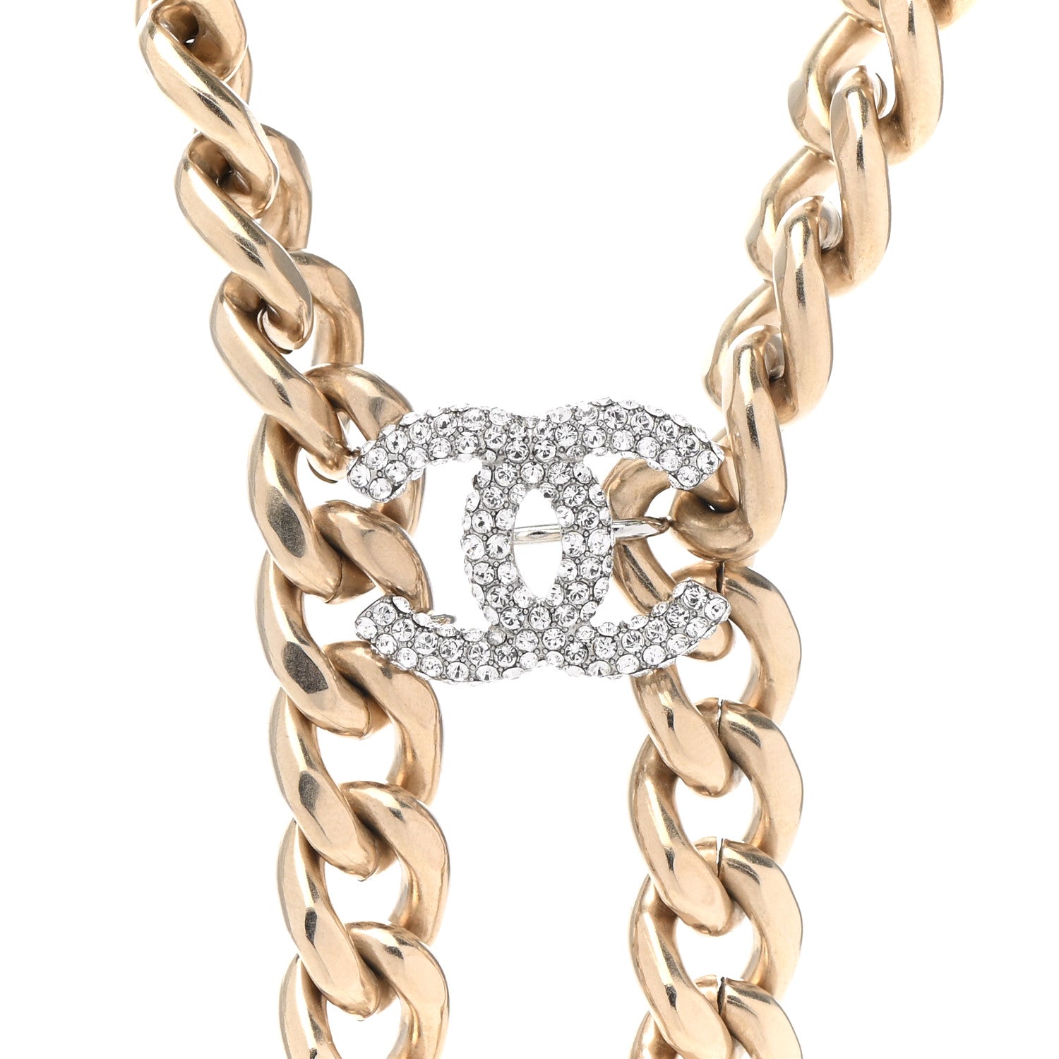 Chanel Chain Link Crystal CC Dog Tag Charm Necklace Gold 4 of 7