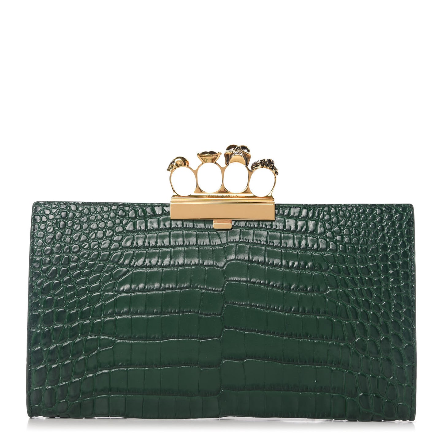 Calfskin Crocodile Embossed Knuckle Flat Clutch Green