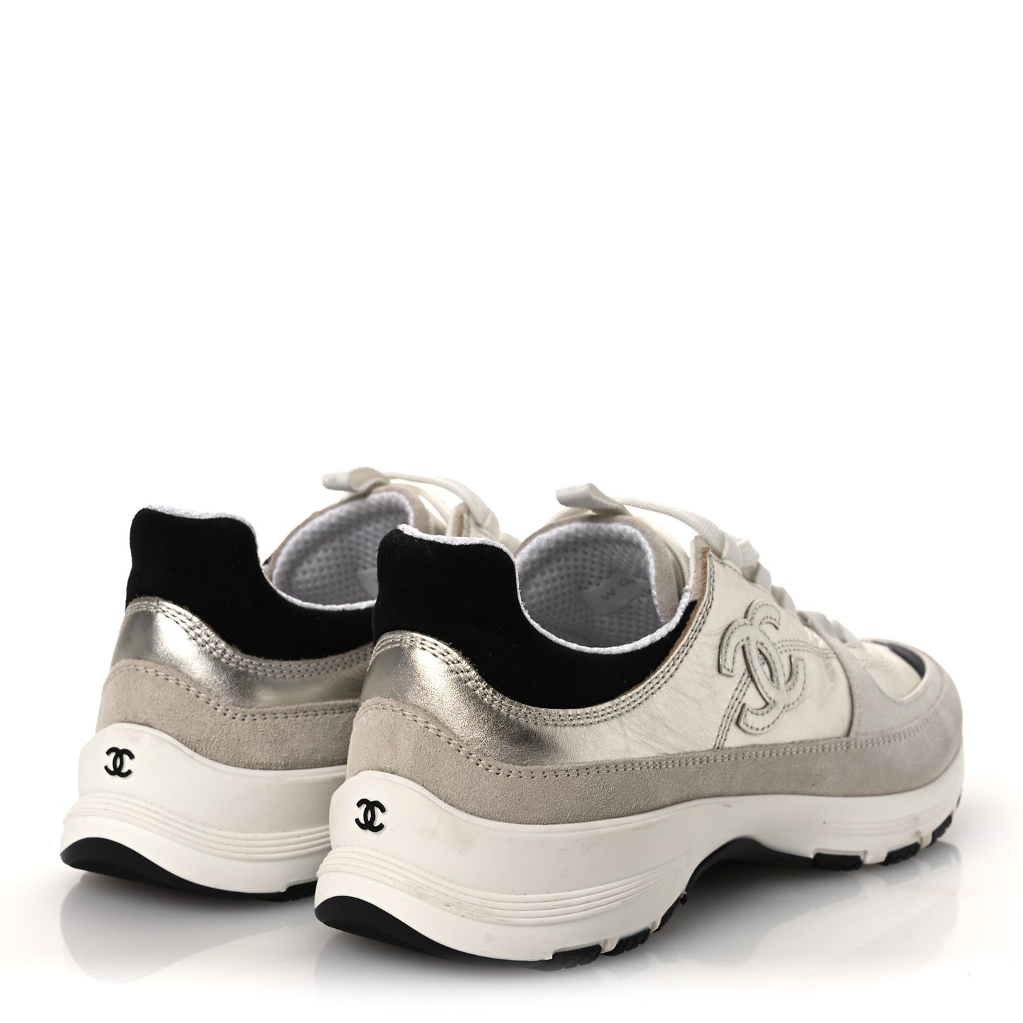 Suede Metallic Calfskin Womens CC Sneakers 39.5 White Silver