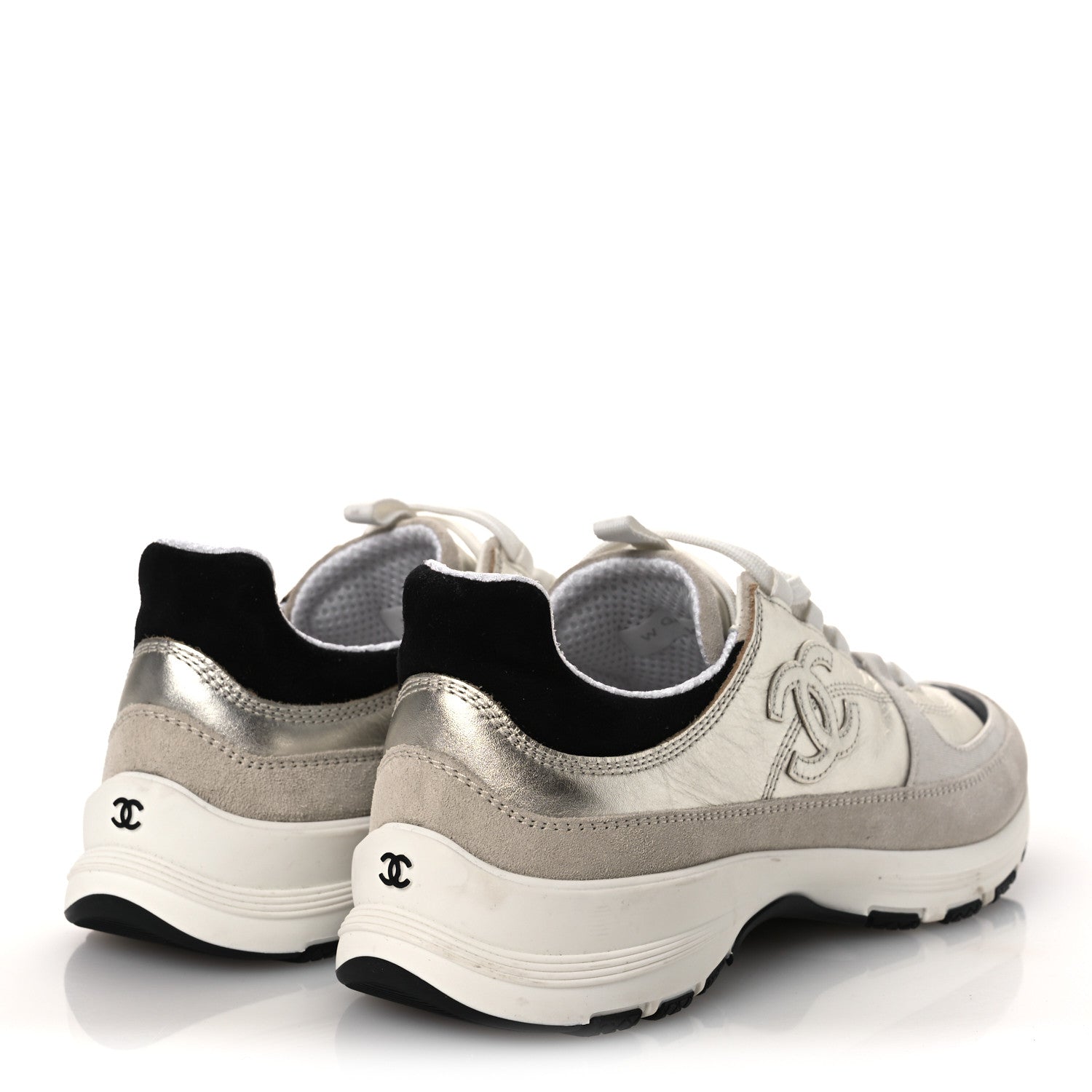 Chanel Suede Metallic Calfskin Womens CC Sneakers 39.5 White Silver 5 of 11