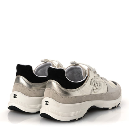 Chanel Suede Metallic Calfskin Womens CC Sneakers 39.5 White Silver 5 of 11