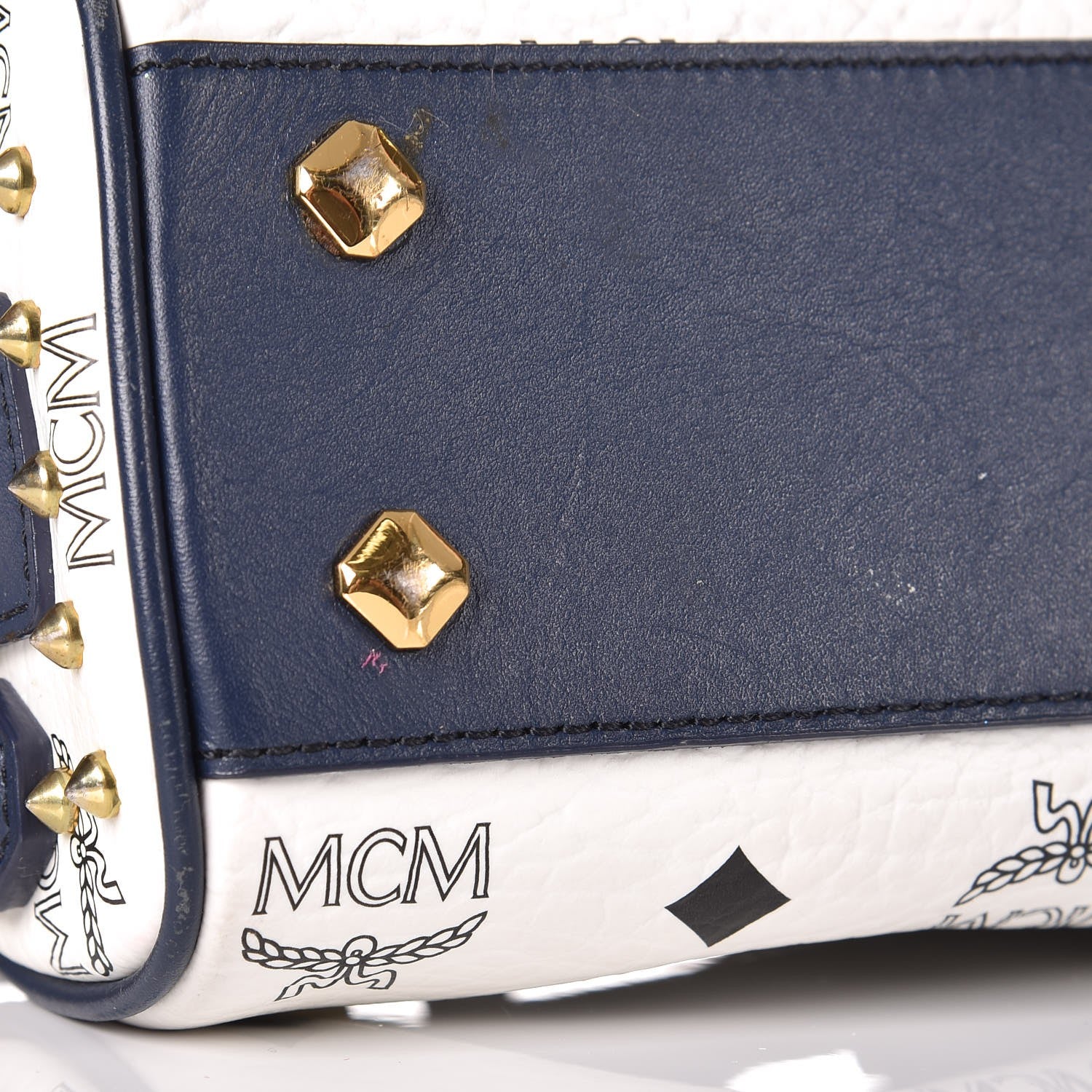 MCM Visetos Studded Mini Boston Bag White Navy 10 of 13