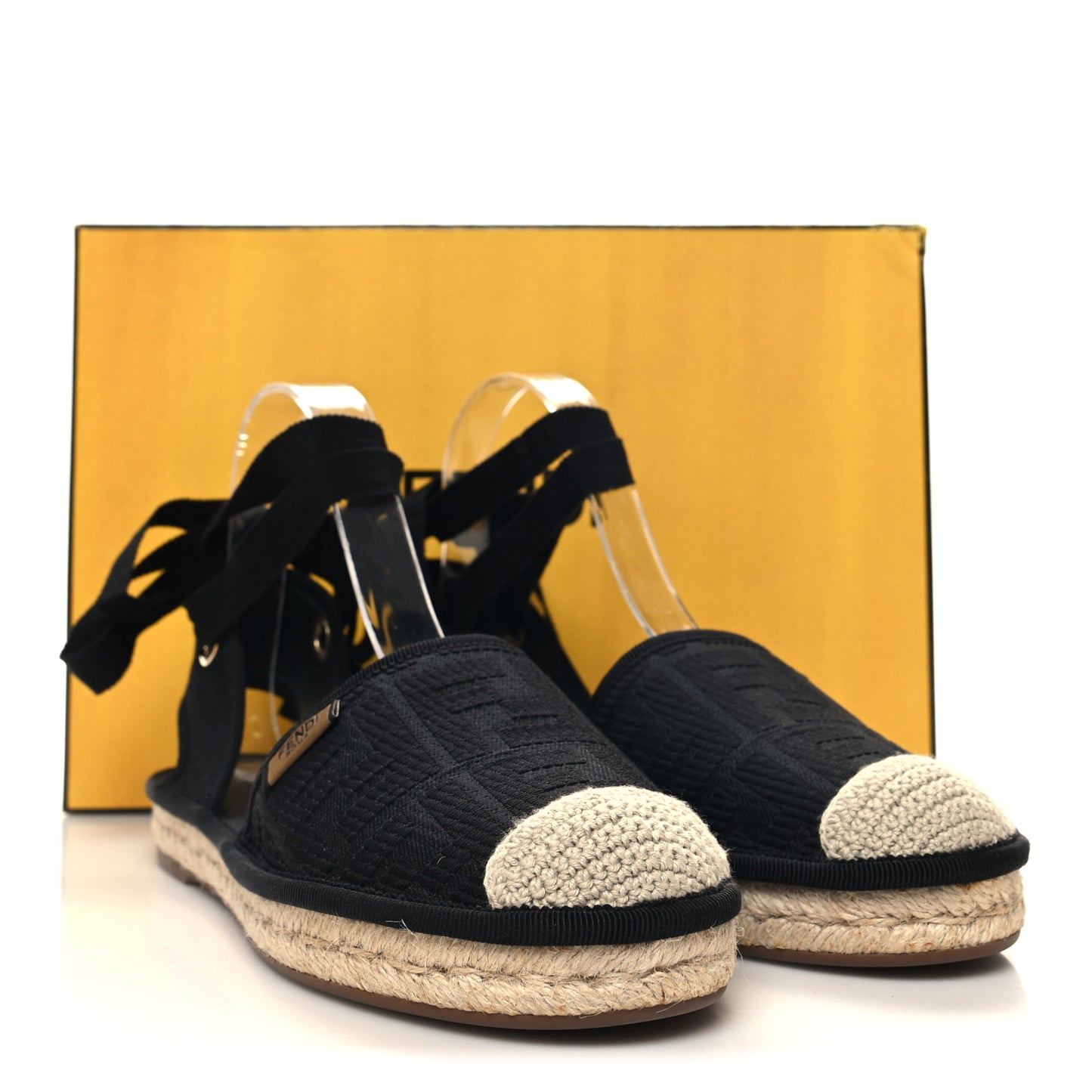 Canvas FF Embroidered Roma Ankle Wrap Flat Espadrilles 37.5 Black