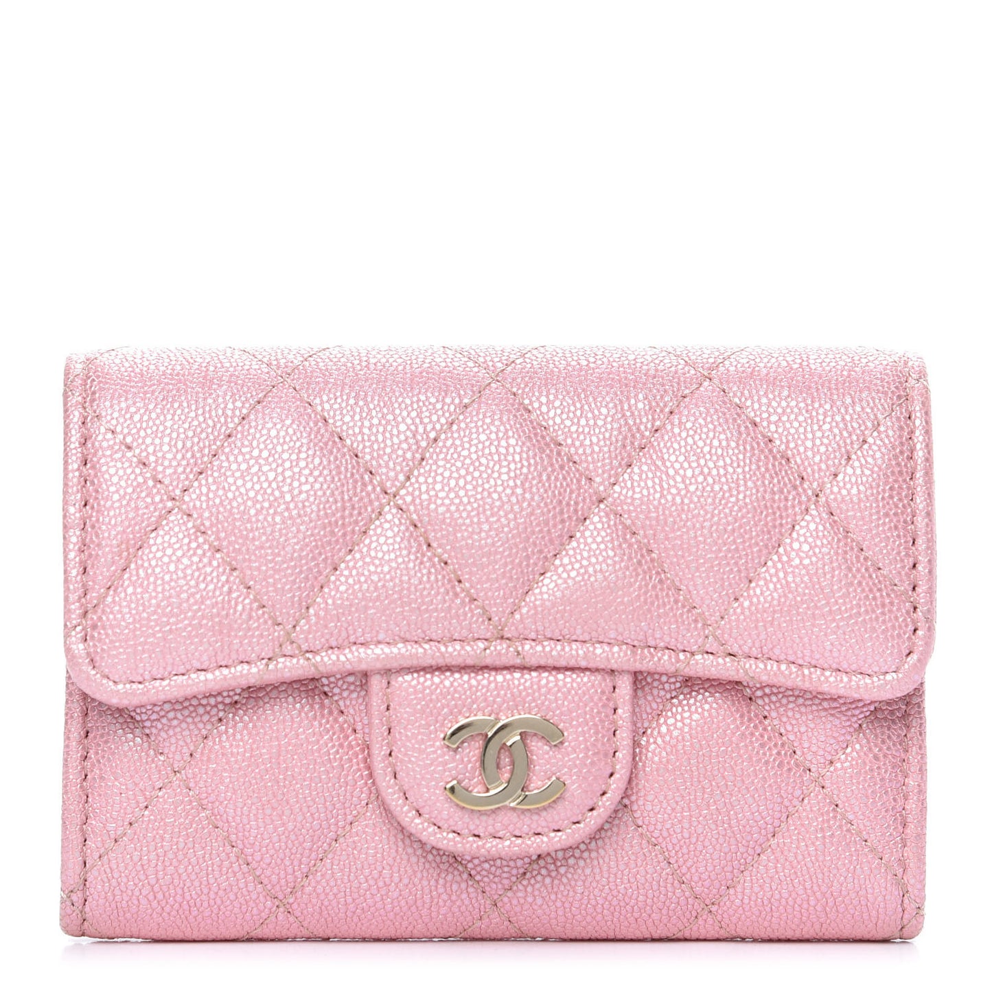 Iridescent Caviar Quilted Flap Card Holder Rose Pink