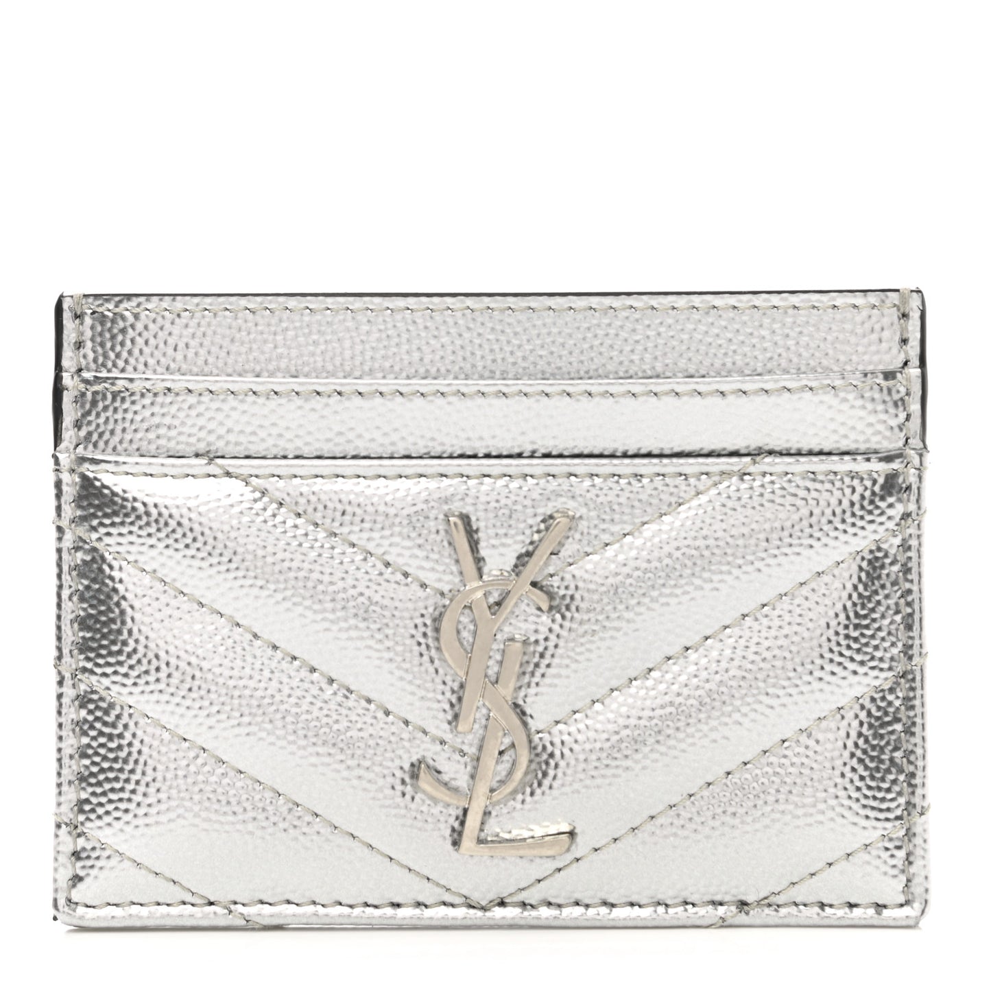 Metallic Grain De Poudre Matelasse Chevron Monogram Credit Card Case Argento