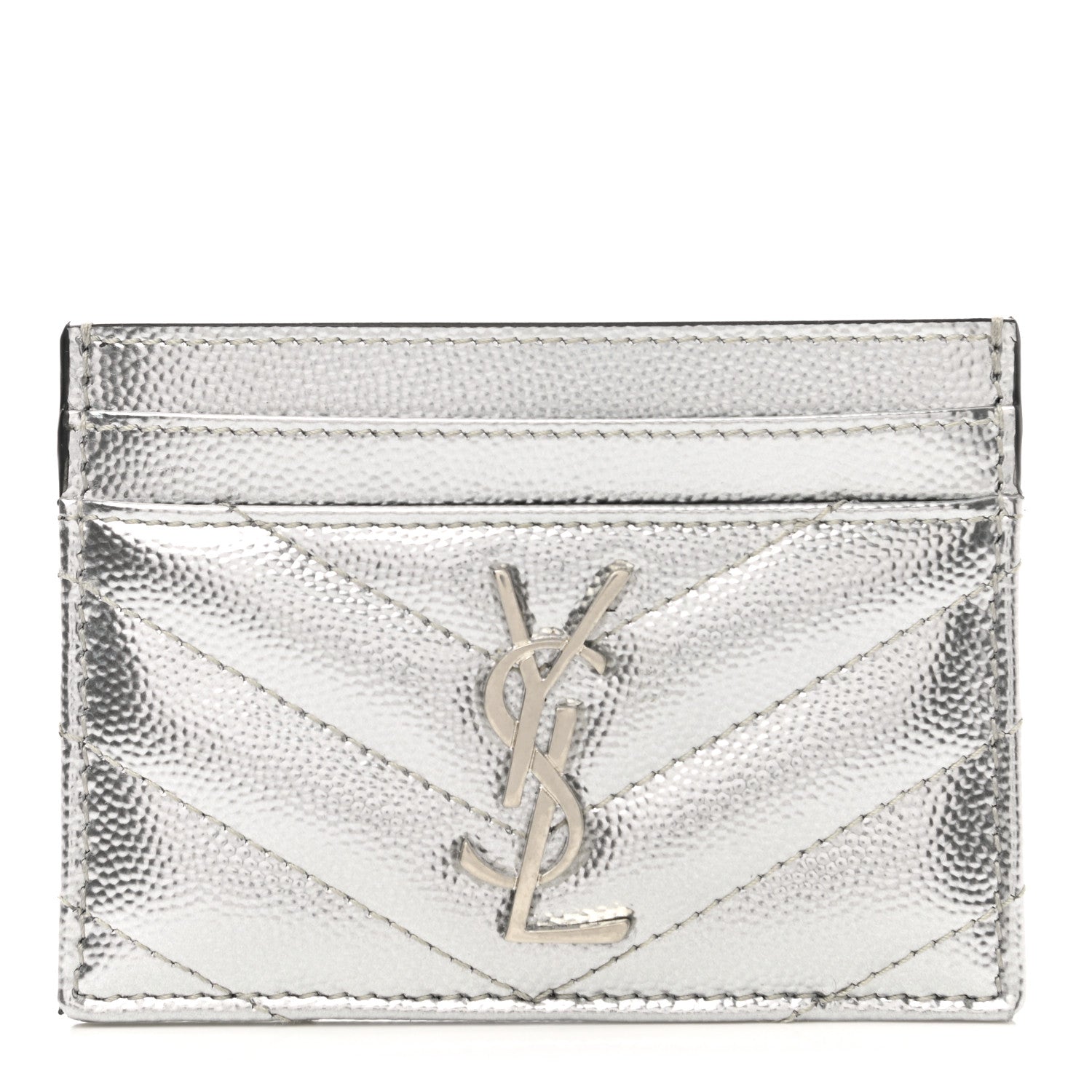 Saint Laurent Metallic Grain De Poudre Matelasse Chevron Monogram Credit Card Case Argento 1 of 7