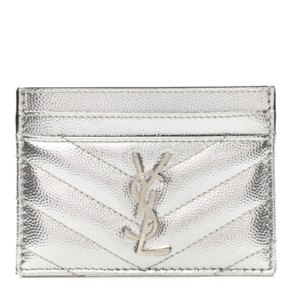 Saint Laurent Metallic Grain De Poudre Matelasse Chevron Monogram Credit Card Case Argento 1 of 7