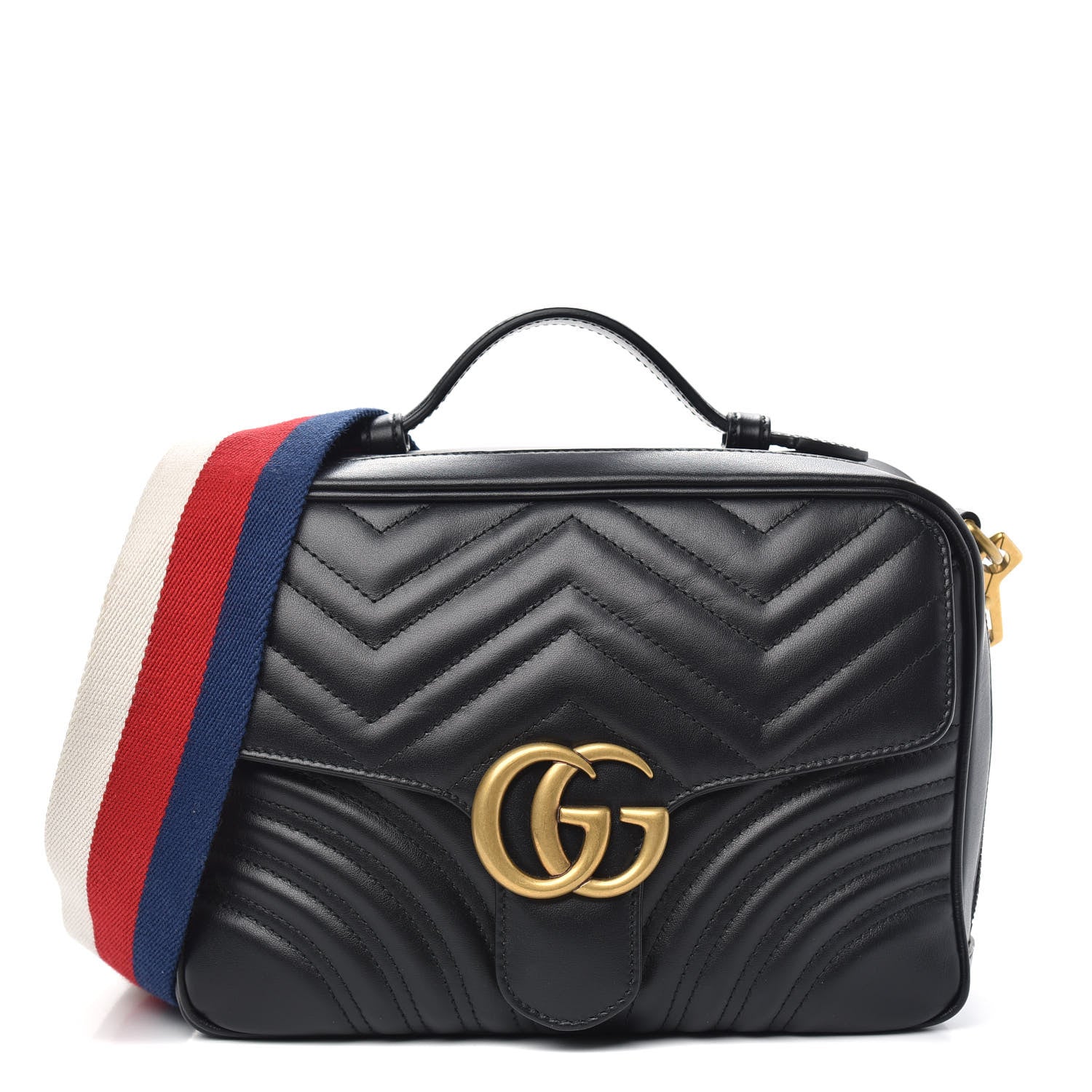 Gucci Calfskin Matelasse Sylvie Web Small GG Marmont Top Handle Shoulder Bag Black 1 of 11