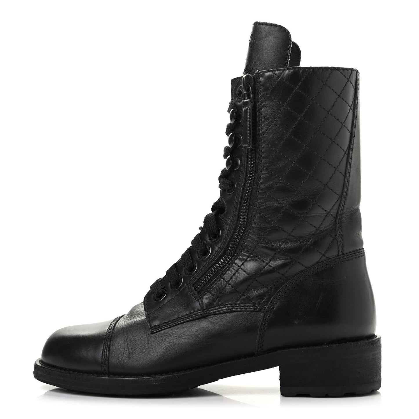 Calfskin Quilted Lace Up Combat Boots 36.5 Black