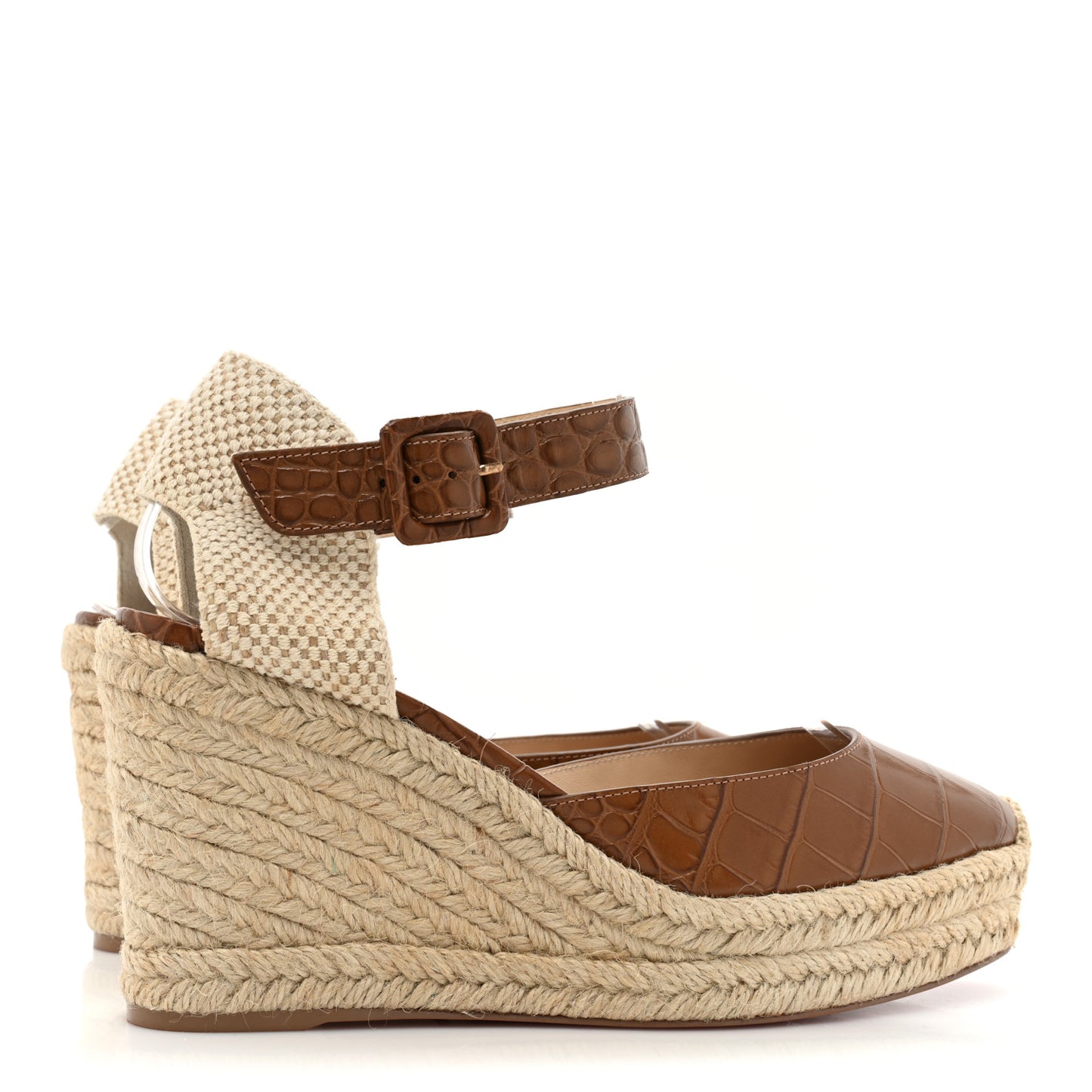 Calfskin Crocodile Embossed Amelia 90 Espadrille Wedges 38 Brown