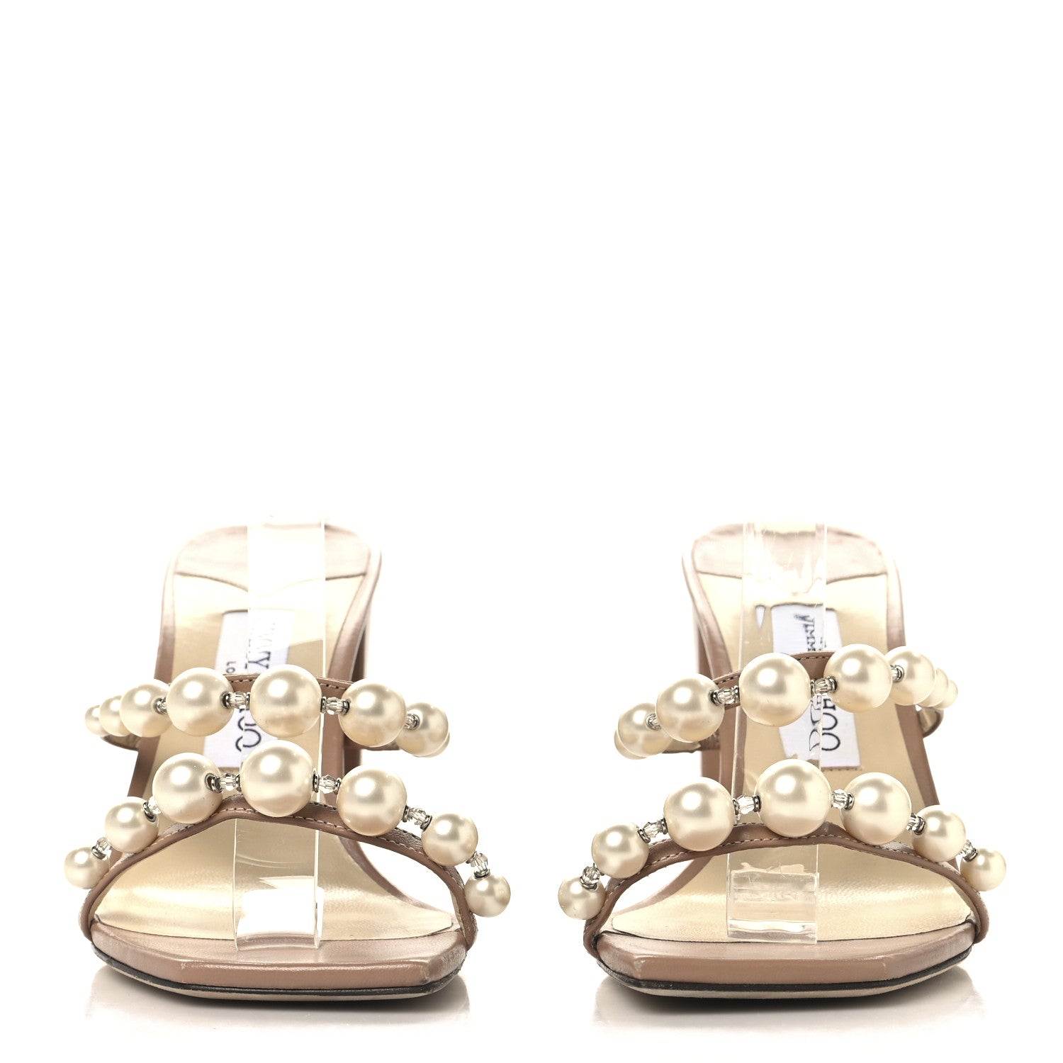 Jimmy Choo Calfskin Pearl Embellished Amara 85 Mule Sandals 38.5 Beige 3 of 8
