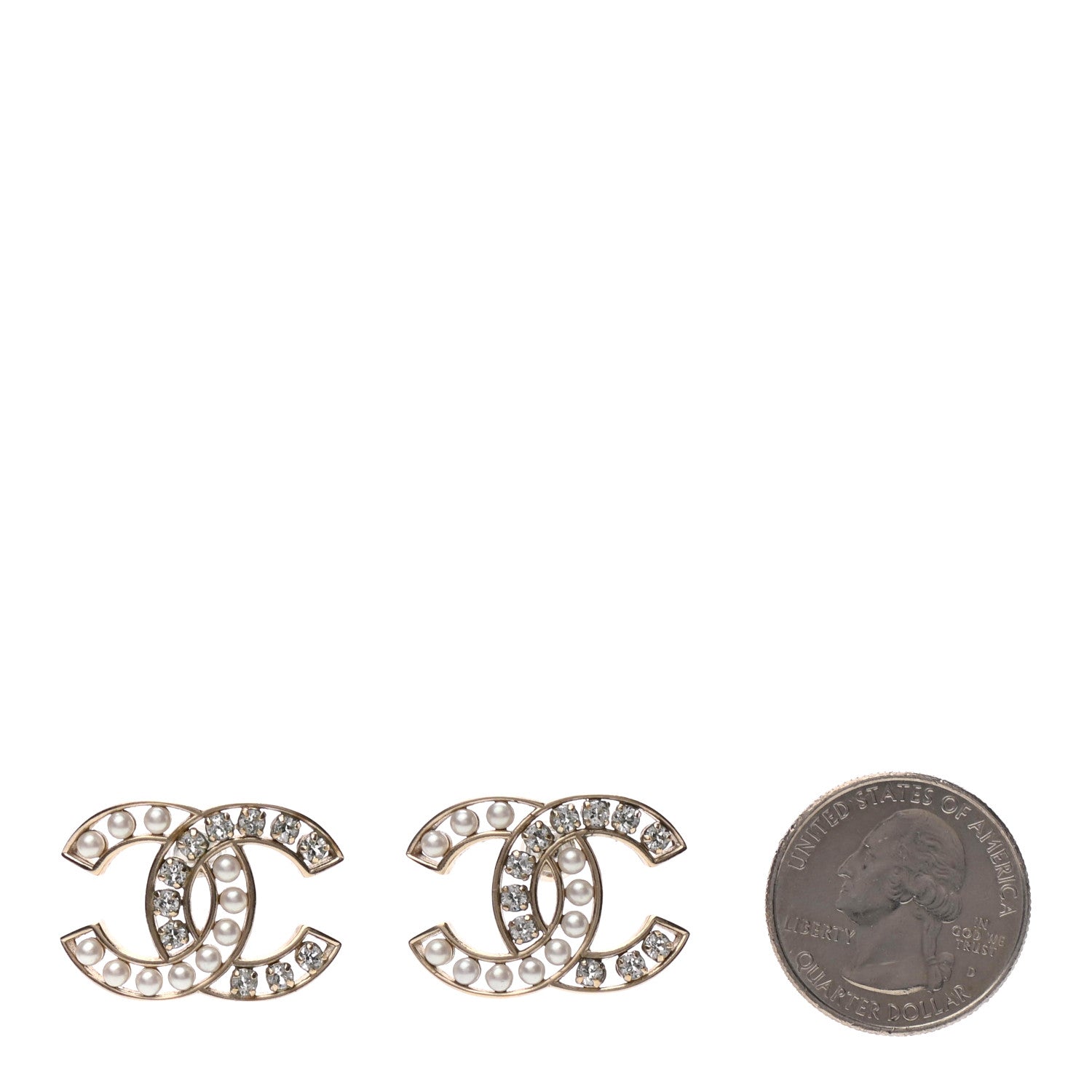 Chanel Pearl Crystal CC Earrings Light Gold 2 of 3