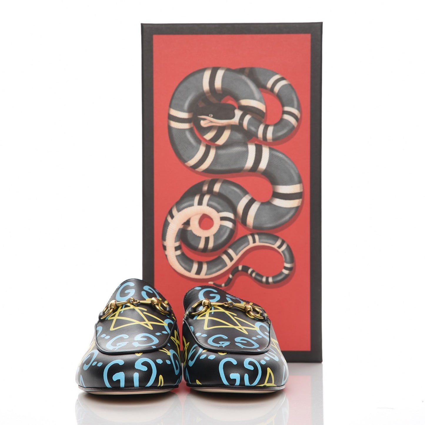 Calfskin GucciGhost Print Womens Princetown Slippers 37 Black New Acquamarine