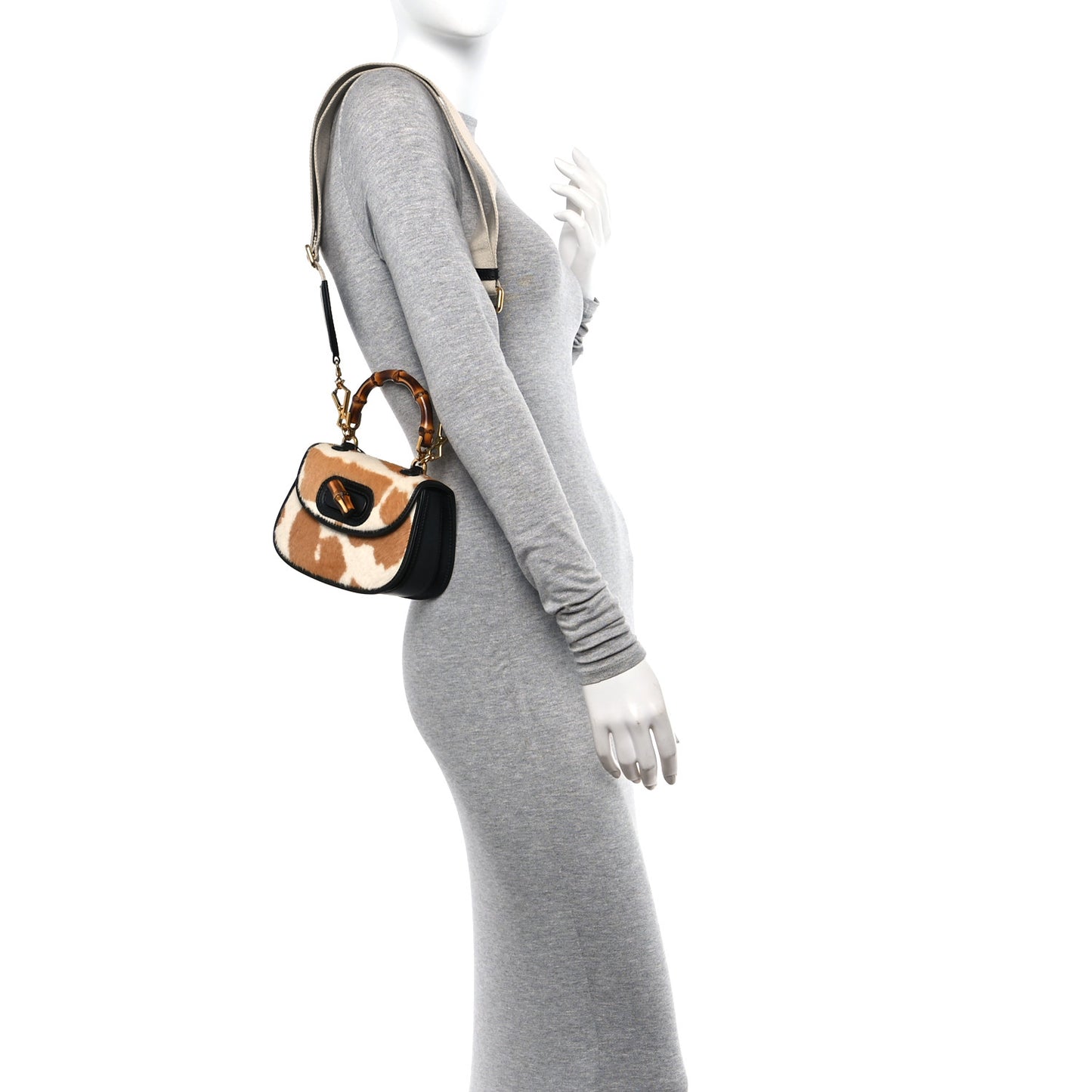 Calfskin Pony Hair Giraffe Print Mini Bamboo 1947 Top Handle  Bag  Beige Black Multicolor