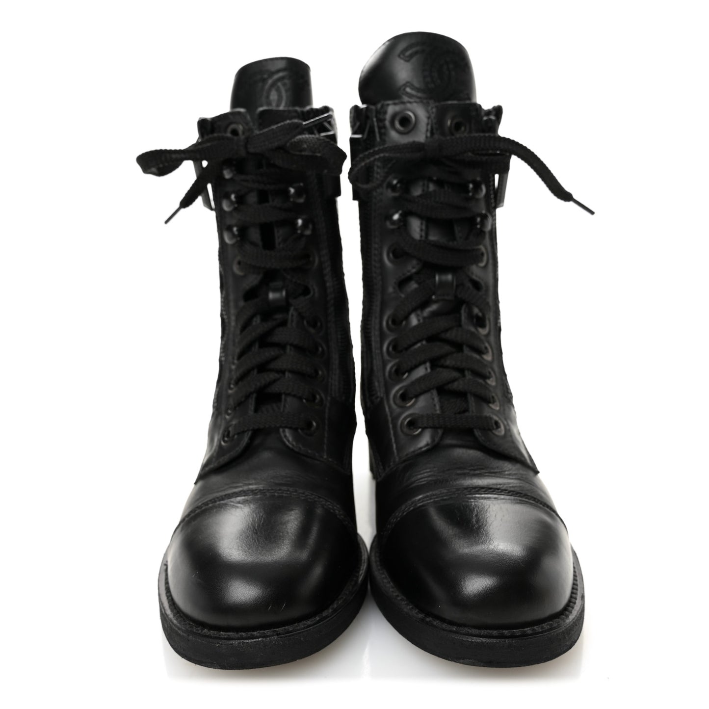 Calfskin Quilted Lace Up Combat Boots 36.5 Black