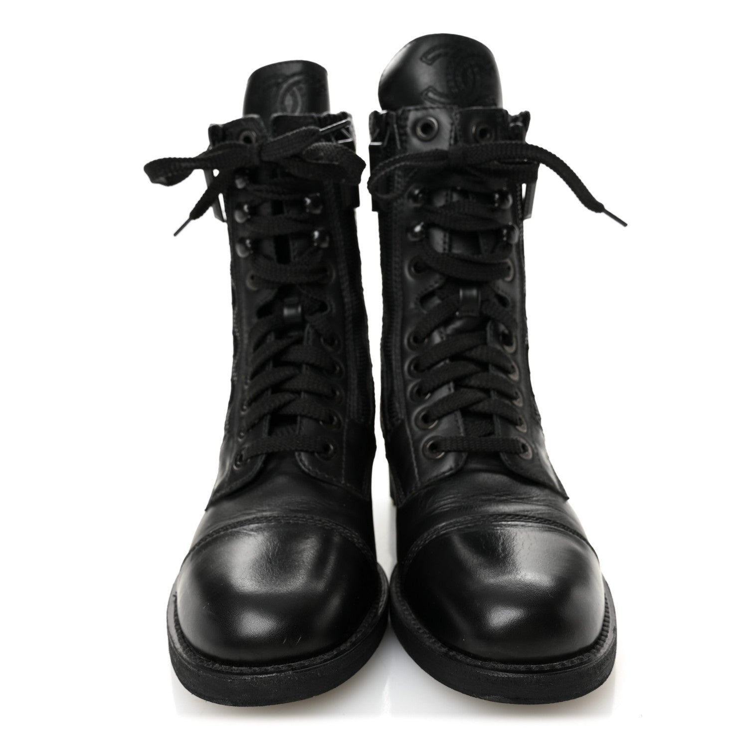 Chanel Calfskin Quilted Lace Up Combat Boots 36.5 Black 2 of 8