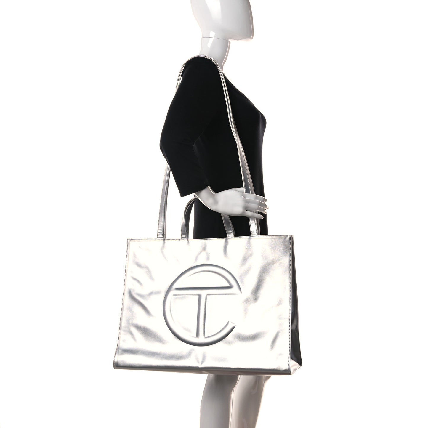 Metallic Vegan Leather Large Shopping Bag Silver
