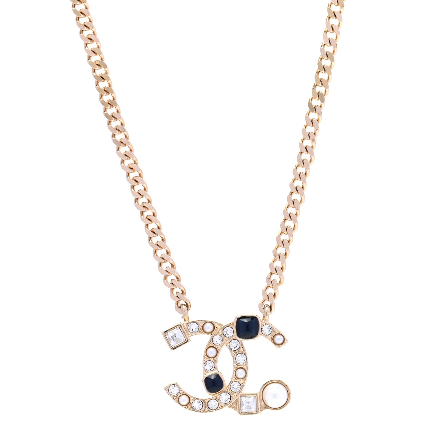Crystal Pearl Resin CC Chain Necklace Gold Pearly White Black