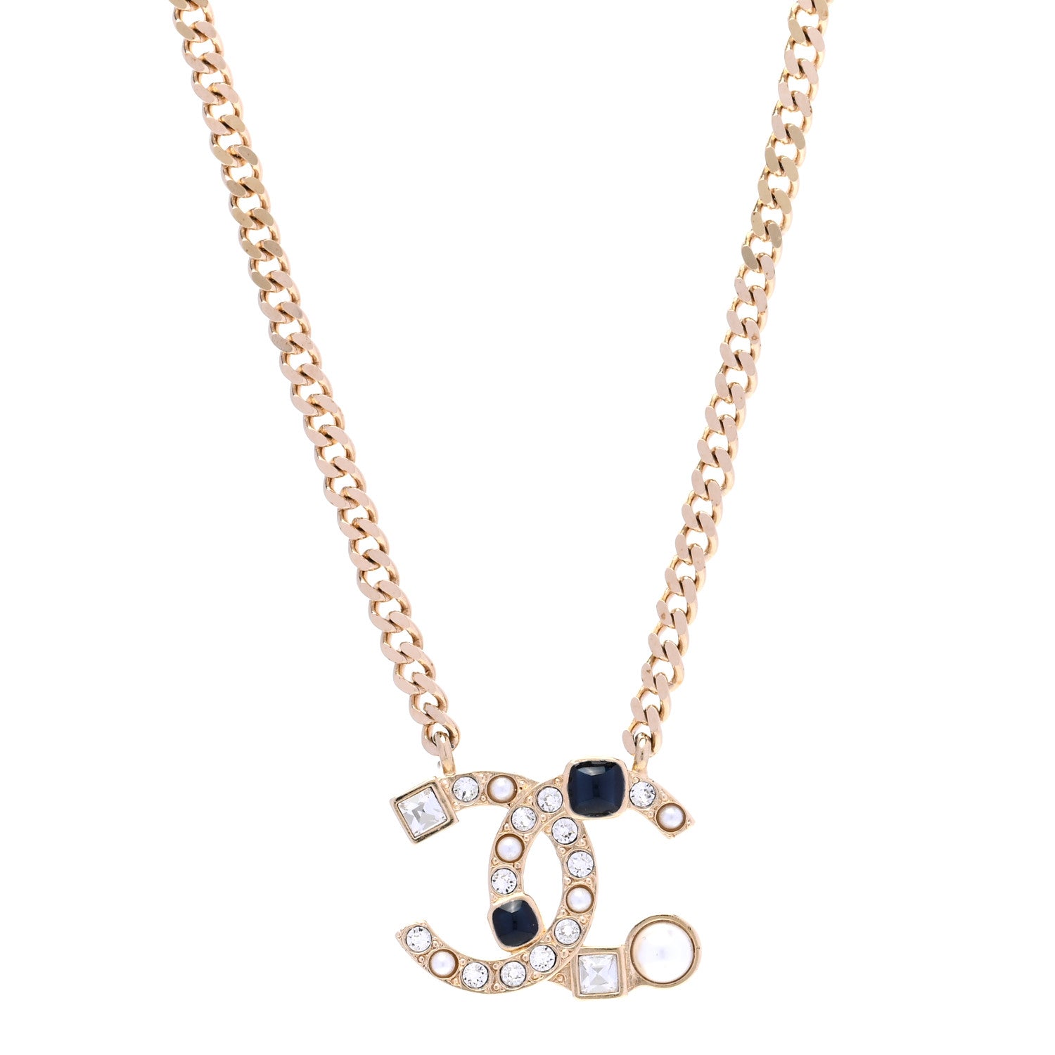 Chanel Crystal Pearl Resin CC Chain Necklace Gold Pearly White Black 1 of 6