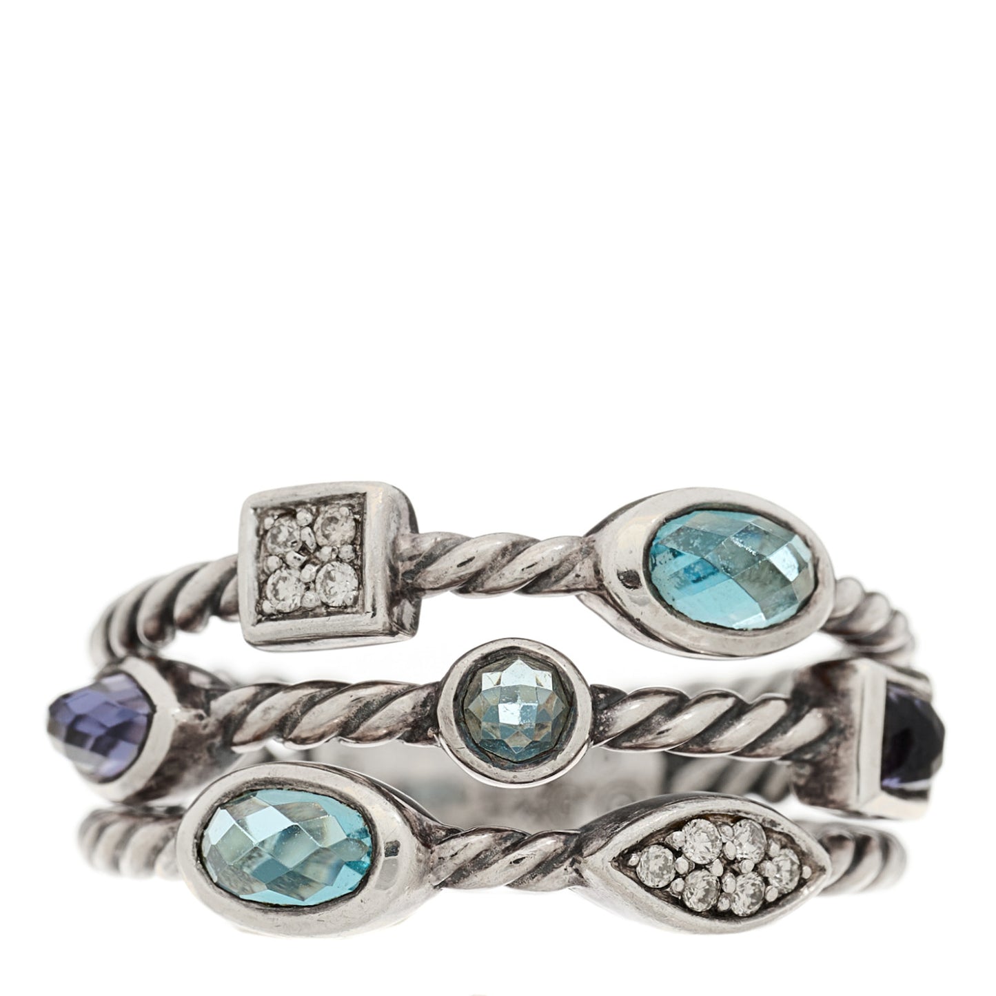 Sterling Silver Diamond Iolite Blue Topaz Confetti 3 Row Ring 52 6