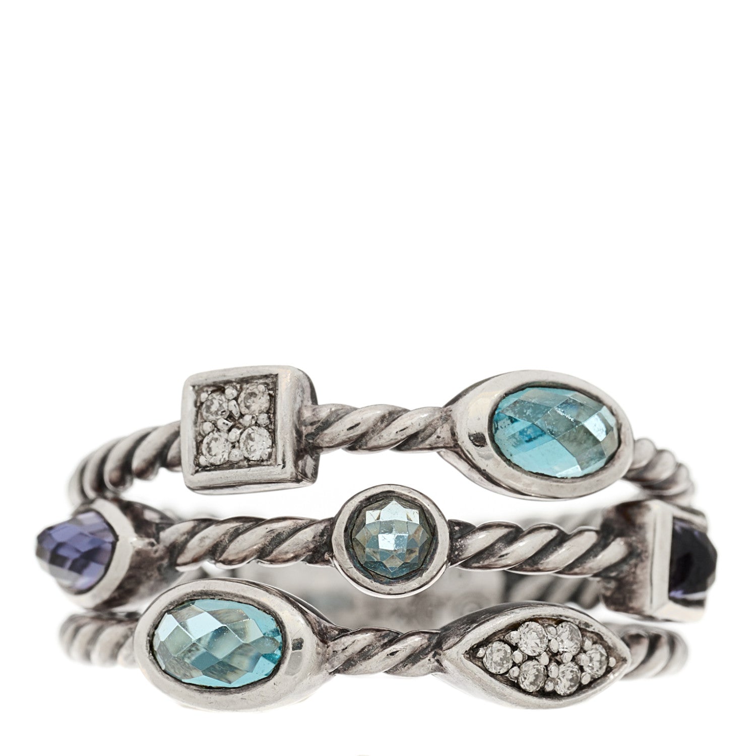 David Yurman Sterling Silver Diamond Iolite Blue Topaz Confetti 3 Row Ring 52 6 1 of 4