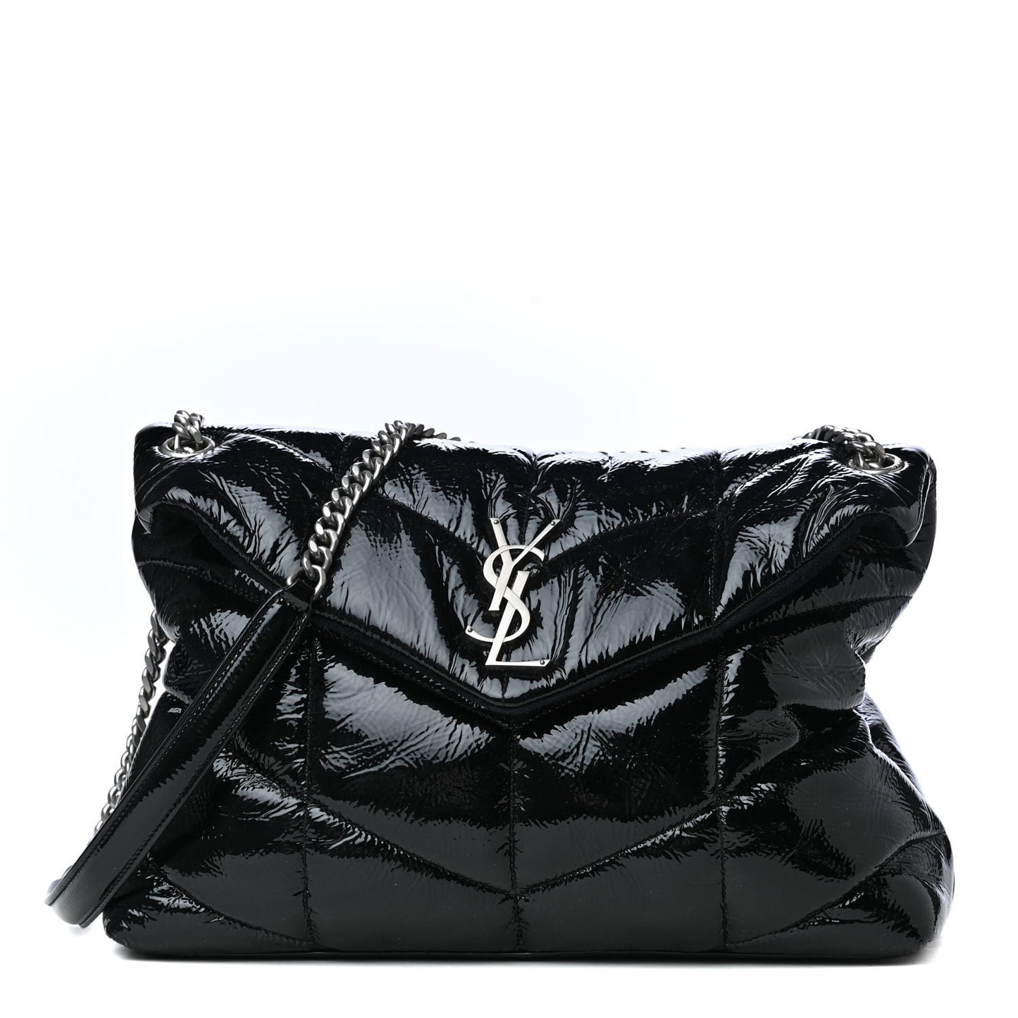 Patent Lambskin Quilted Medium Loulou Puffer Monogram Chain Satchel Black