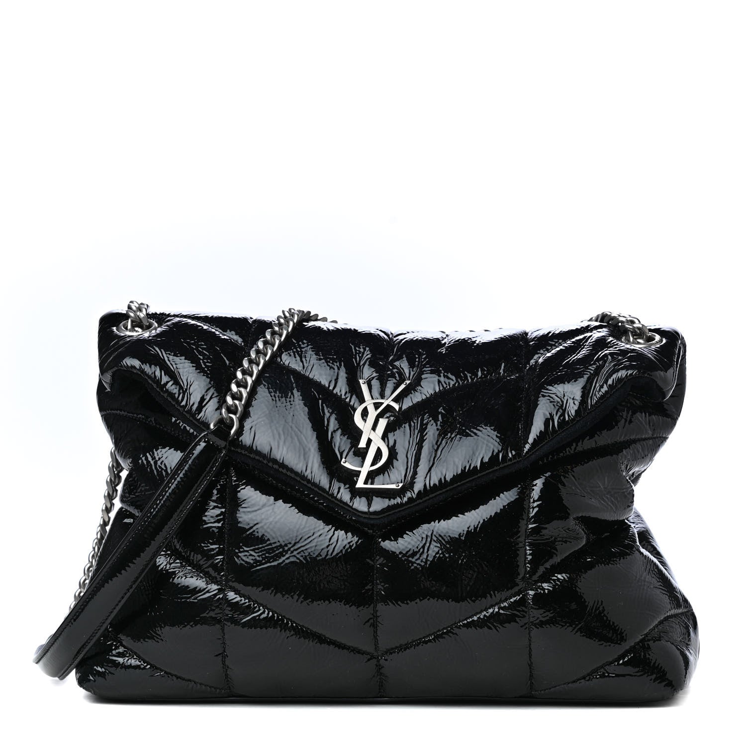 Saint Laurent Patent Lambskin Quilted Medium Loulou Puffer Monogram Chain Satchel Black 1 of 4