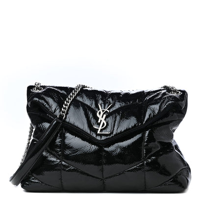 Saint Laurent Patent Lambskin Quilted Medium Loulou Puffer Monogram Chain Satchel Black 1 of 4