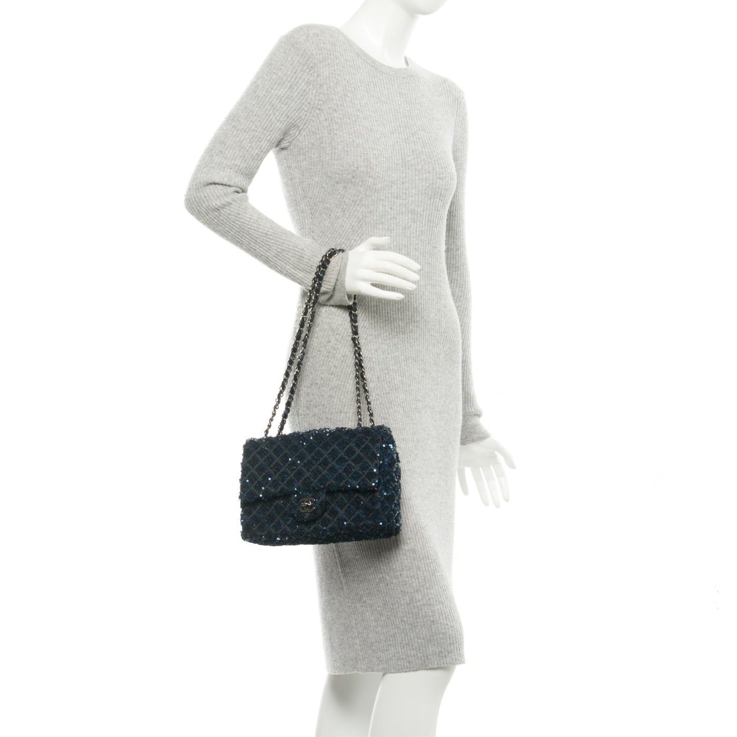 Satin Sequin Medium Classic Flap Blue