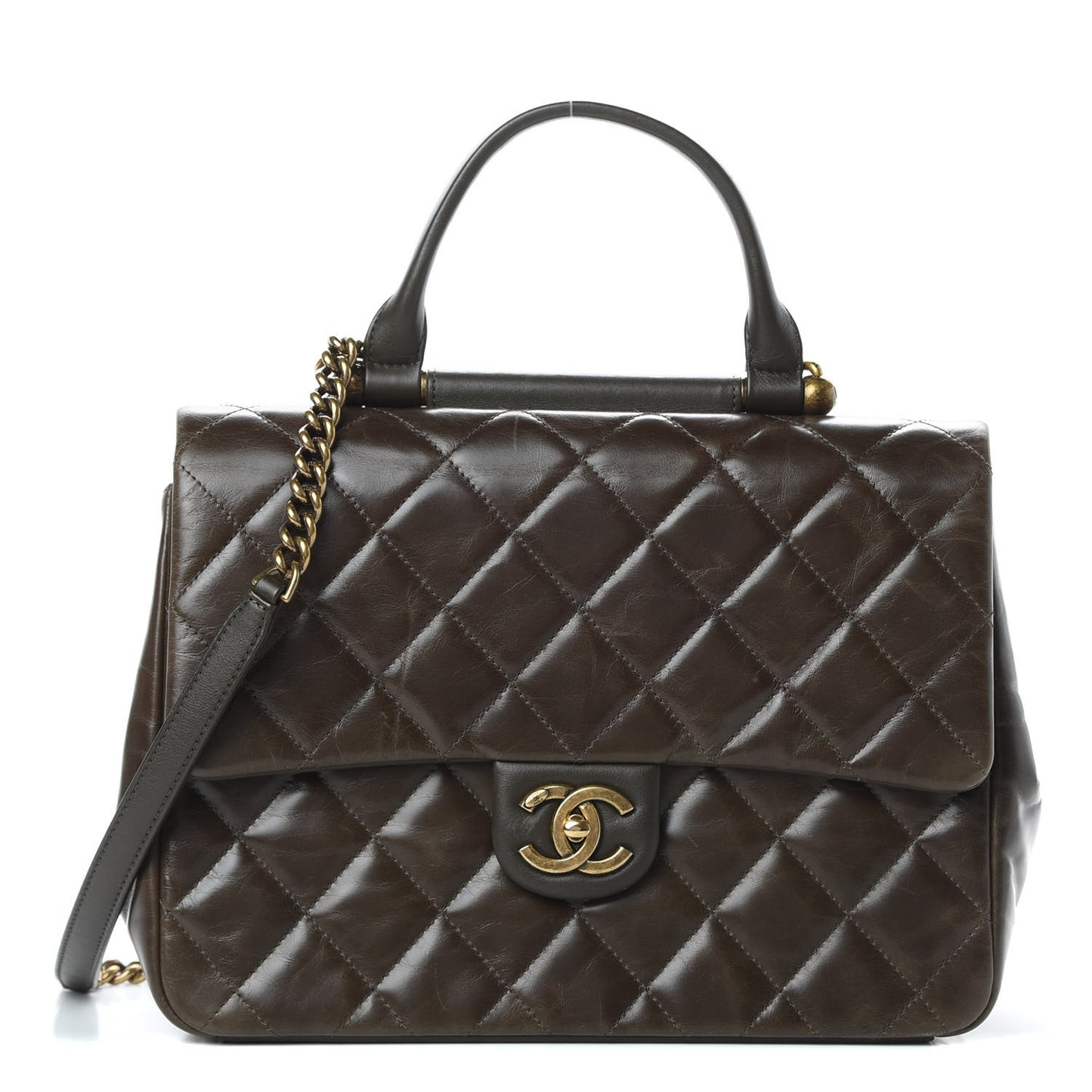 Glazed Calfskin Quilted Large Gold Bar Top Handle Flap Dark Grey