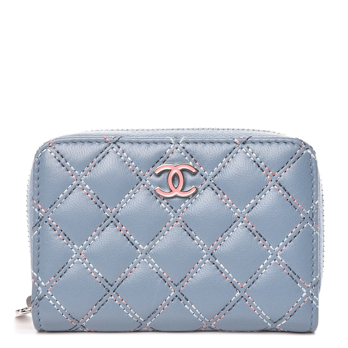 Lambskin Double Quilted Stitch Zip Coin Purse Light Blue
