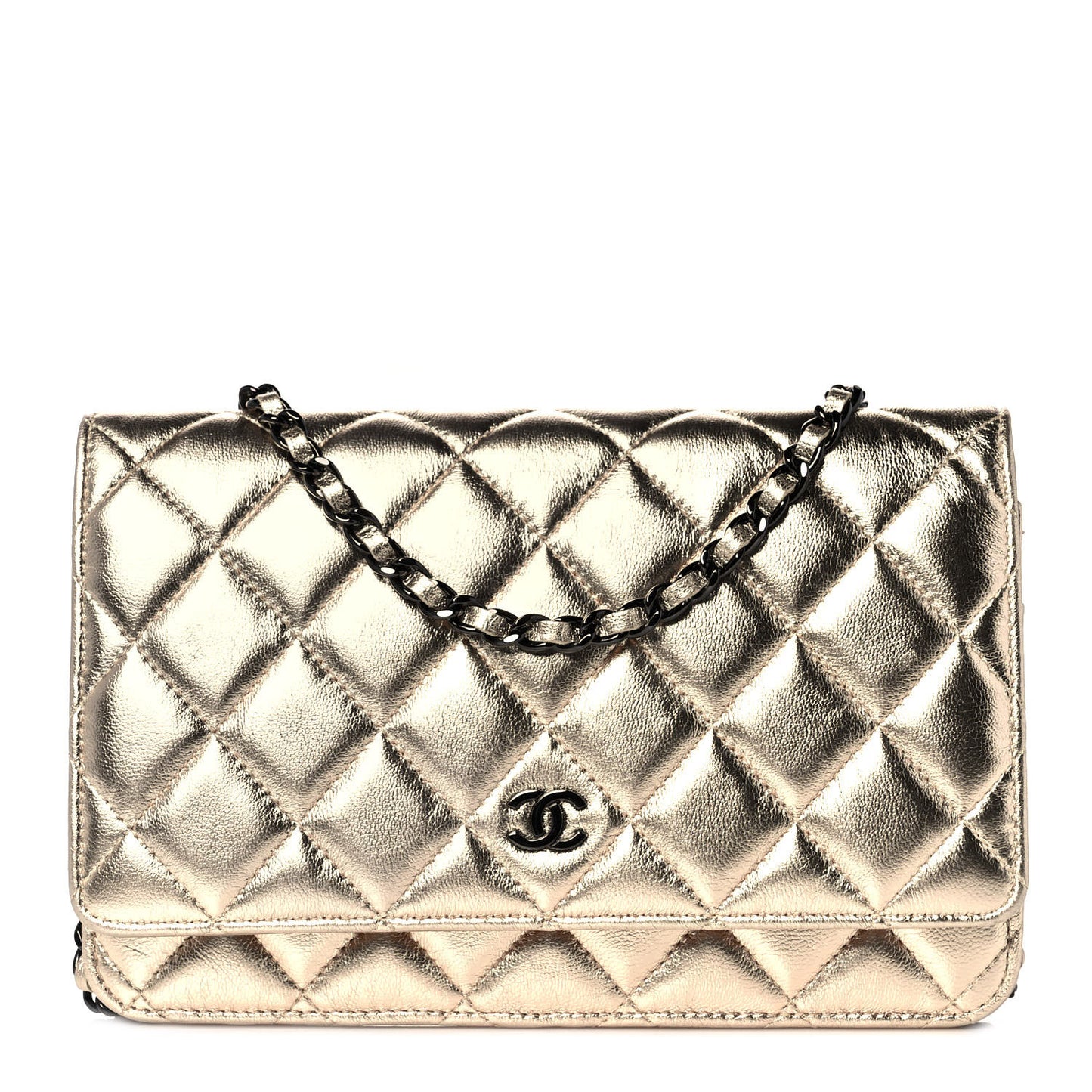 Metallic Lambskin Quilted Wallet On Chain WOC Gold Black
