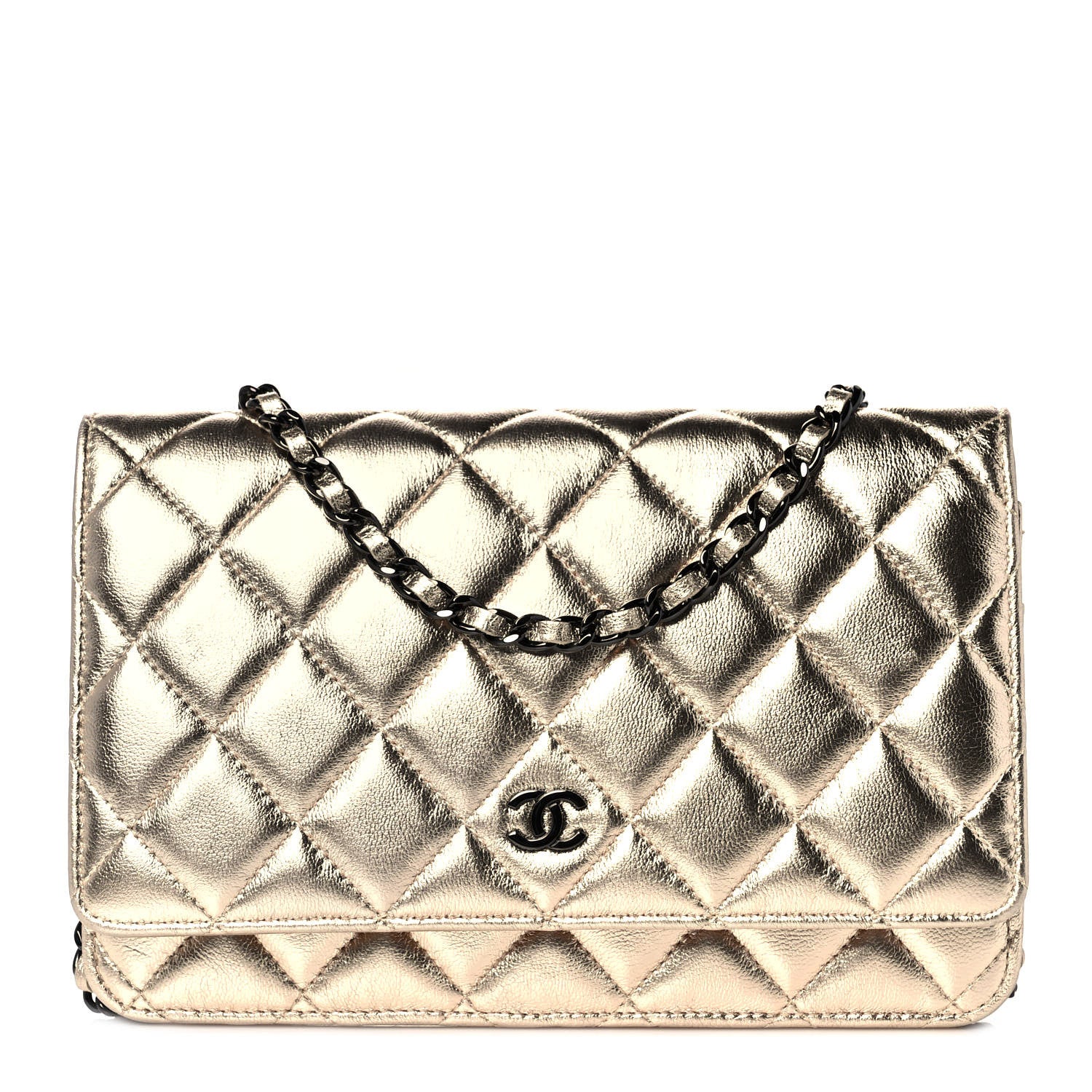 Chanel Metallic Lambskin Quilted Wallet On Chain WOC Gold Black 1 of 9