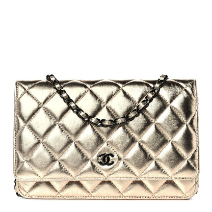 Chanel Metallic Lambskin Quilted Wallet On Chain WOC Gold Black 1 of 9