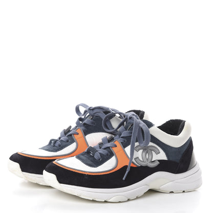 Chanel Nylon Calfskin Suede CC Womens Sneakers 37 Navy White Orange 3 of 6