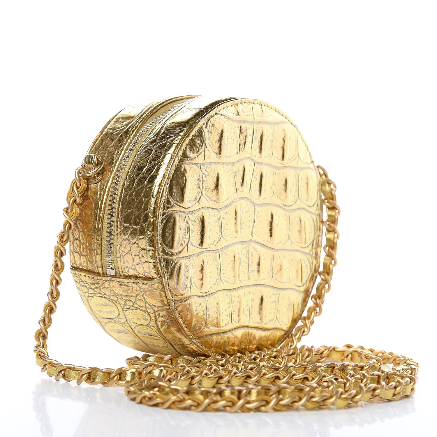 Chanel Metallic Calfskin Crocodile Embossed Cocodile Round Clutch with Chain Gold 3 of 8