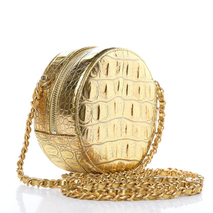 Chanel Metallic Calfskin Crocodile Embossed Cocodile Round Clutch with Chain Gold 3 of 8