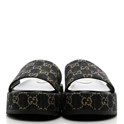 Gucci Jacquard Black Denim GG Monogram Angelina Platform 55mm Slide Sandals 40 Black Ivory 2 of 8