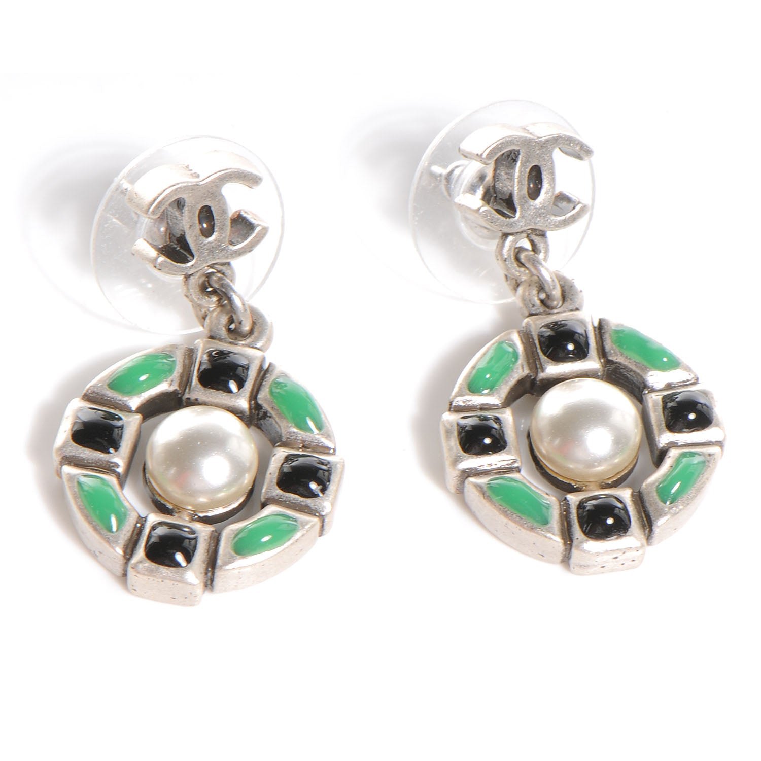 Chanel Silver Pearl Resin CC Dangle Earrings Green 1 of 5