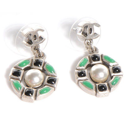 Chanel Silver Pearl Resin CC Dangle Earrings Green 1 of 5