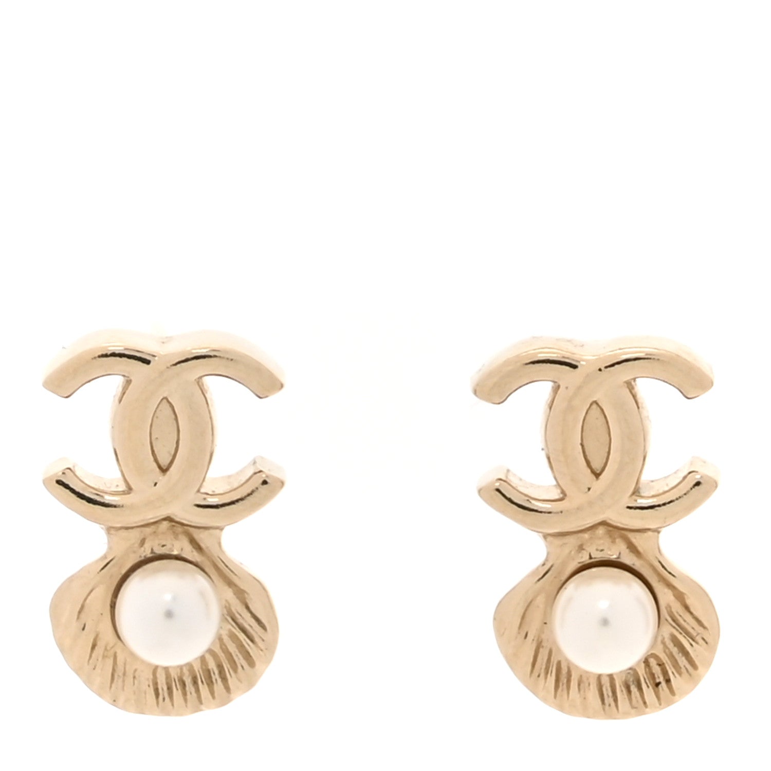 Chanel Pearl CC Shell Earrings Gold Pearly White 1 of 5