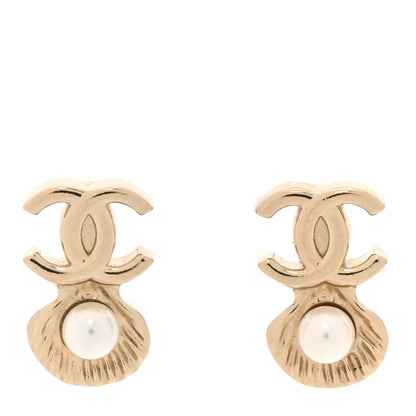 Chanel Pearl CC Shell Earrings Gold Pearly White 1 of 5
