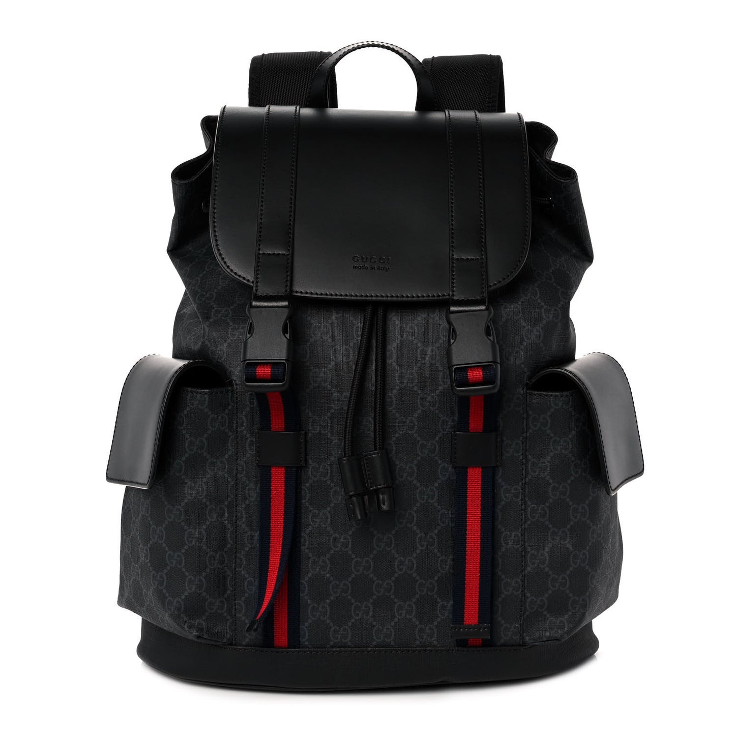 Soft GG Supreme Monogram Appia Calfskin Web Double Buckle Backpack Black