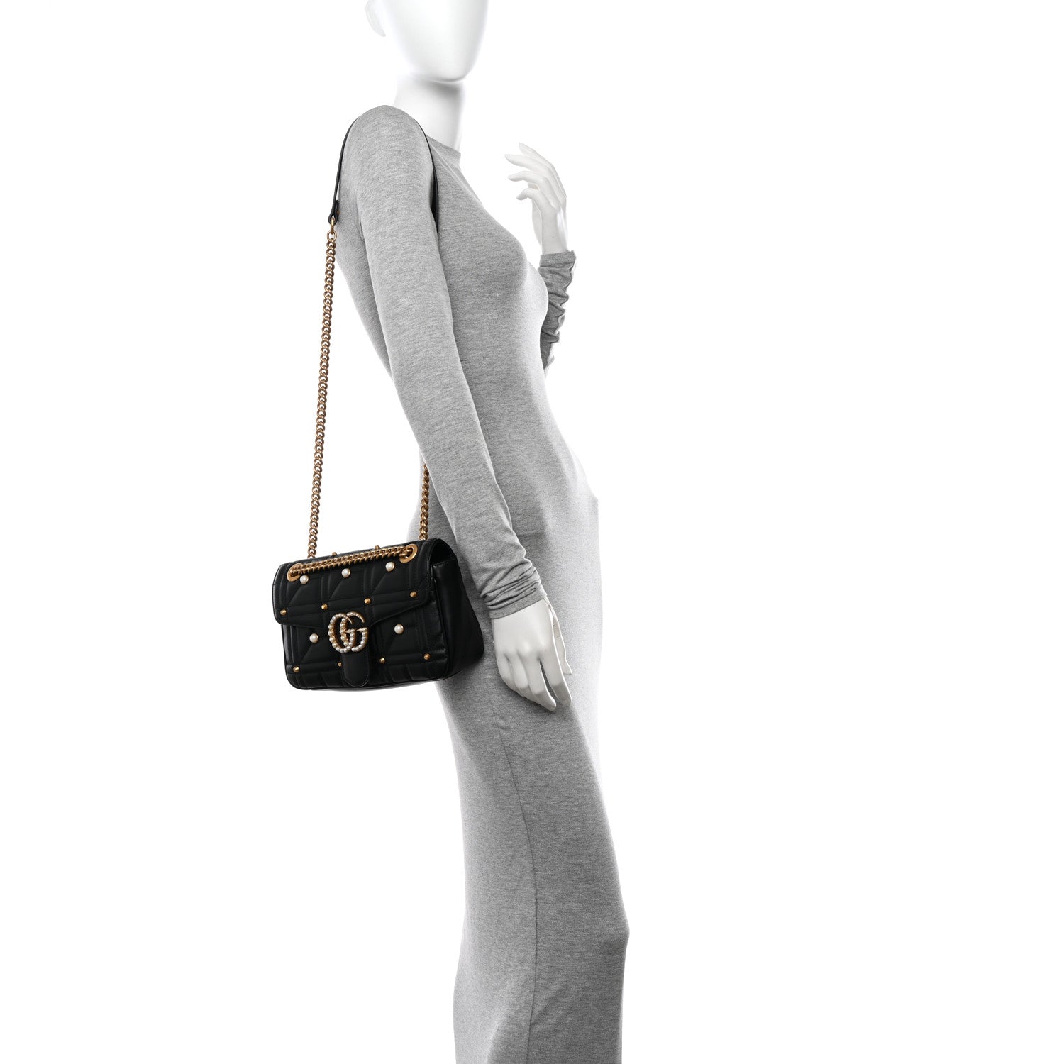 Gucci Calfskin Matelasse Studded Small Pearly GG Marmont Shoulder Bag Black 2 of 11