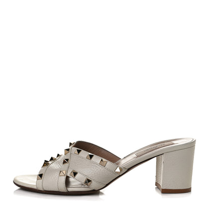 Valentino Garavani Pebbled Calfskin Rockstud Crisscross Slide 60mm Sandals 39 Ivory 1 of 11