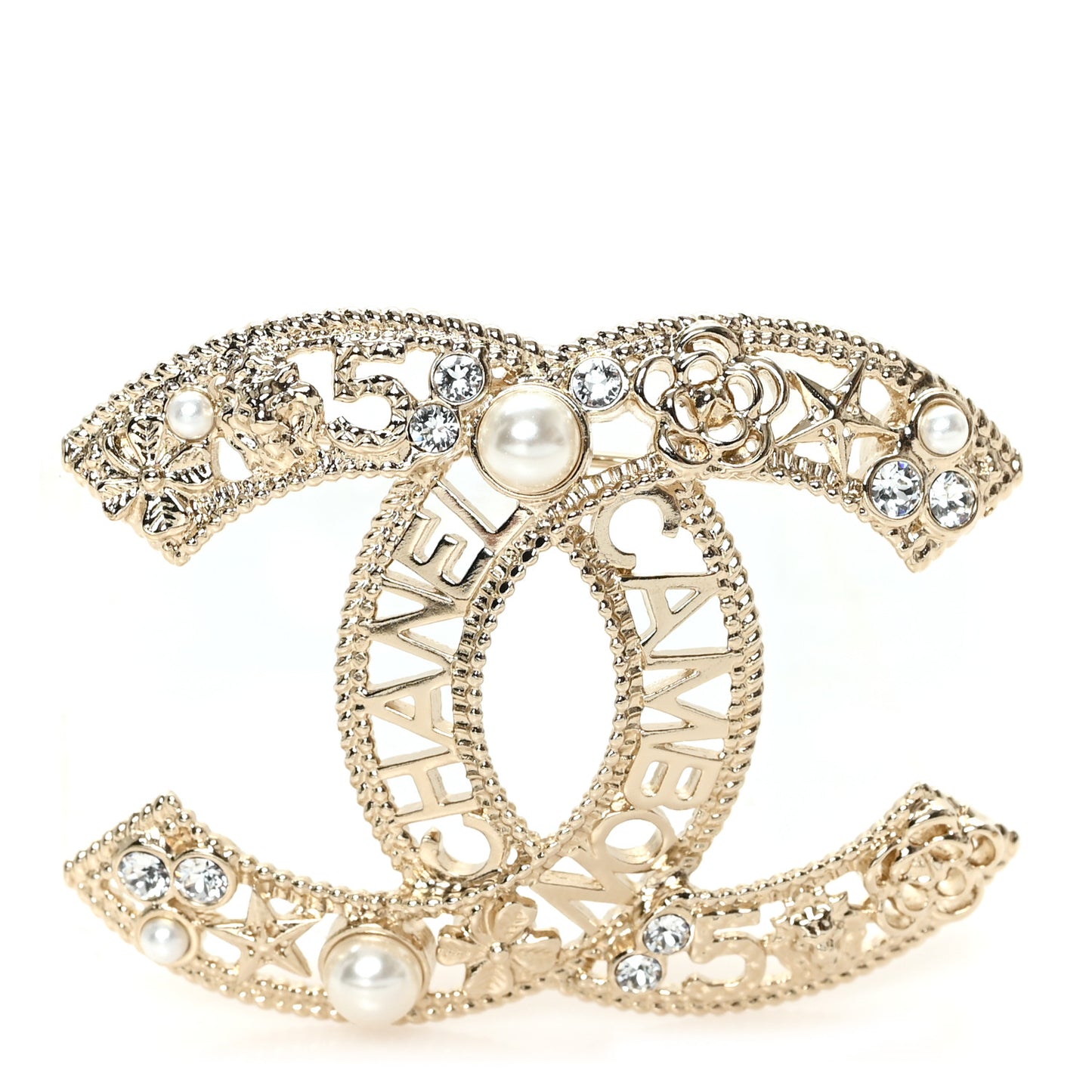 Crystal Pearl Chanel Charms CC Logo Brooch Gold