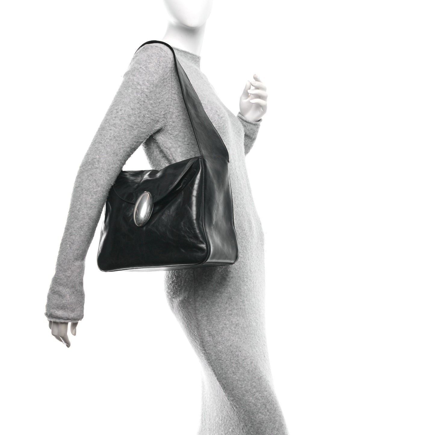 Crackle Patent Calfskin Medium Dome Slouchy Hobo Black